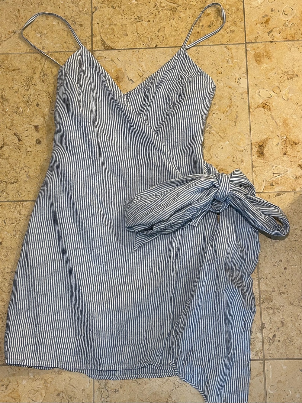 Reformation Women’s 100% Linen Striped Blue and White Tie-Waist Mini Dress XS